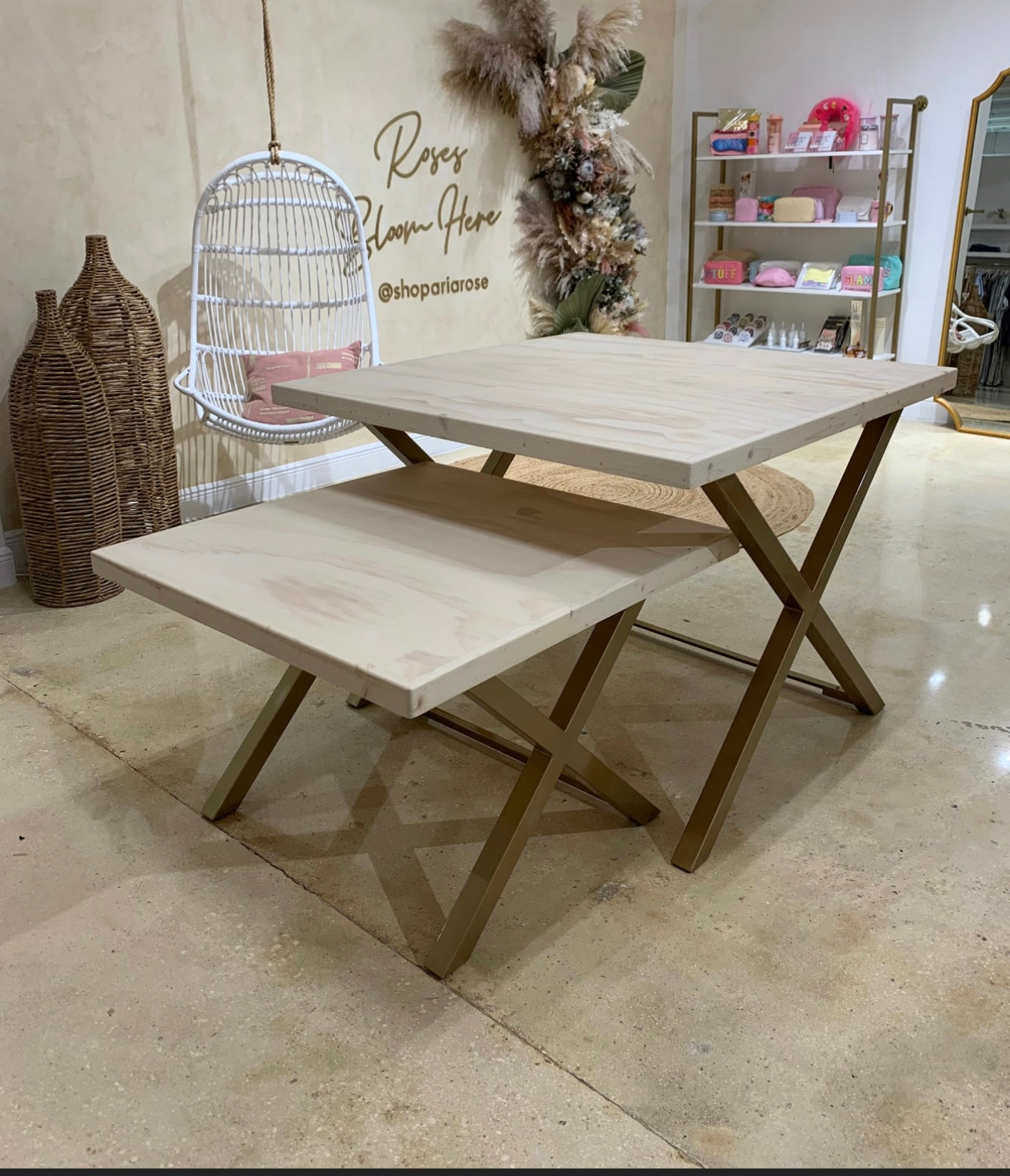 Custom Wood and Gold Square Nesting Tables Set of Two