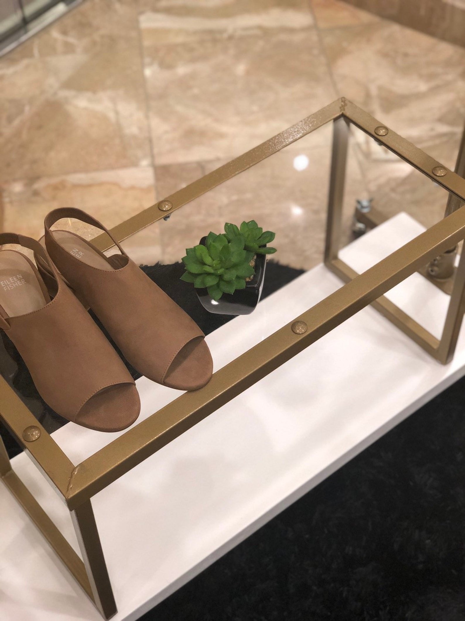Gold Metal and Lucite Acrylic Shoe Shelf