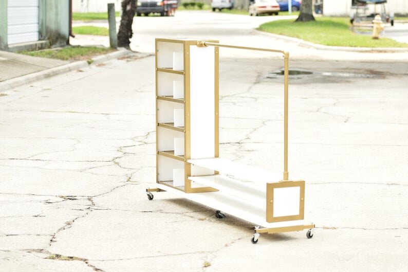 Childrens Rolling Gold Clothing Rack with Shelves