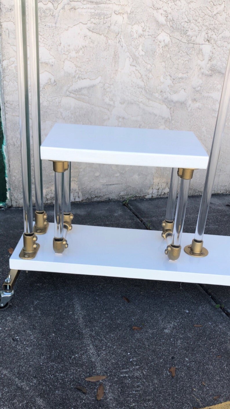 Acrylic Gold Lucite Rolling Clothing Rack with Shelves